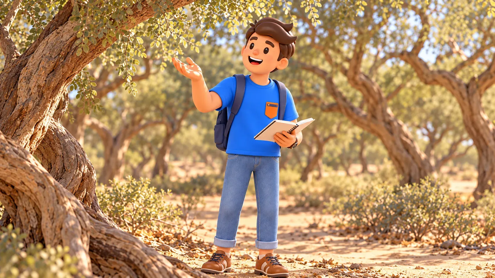 Traveler studying dappled shade beneath a ghaf canopy