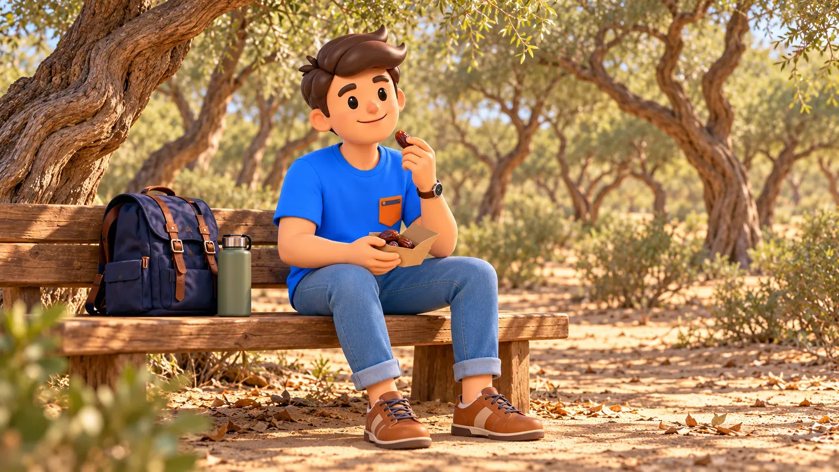 Traveler resting on a Mushrif bench after a walk