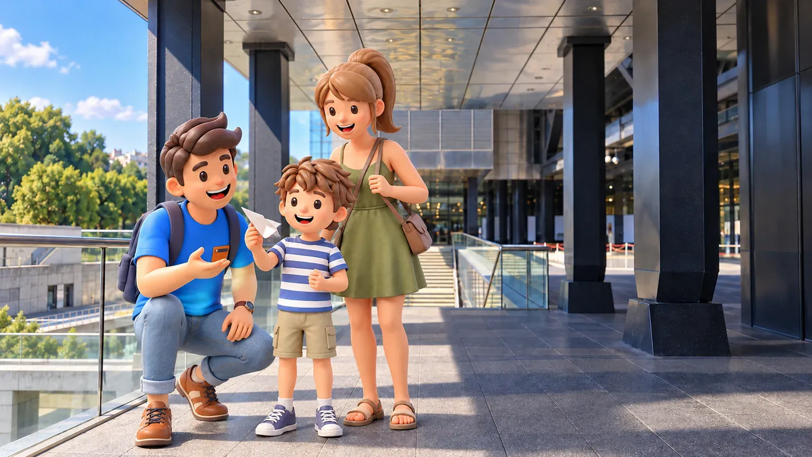 La familia de RoadMe con un niño y un avión de papel ante la Cité des sciences