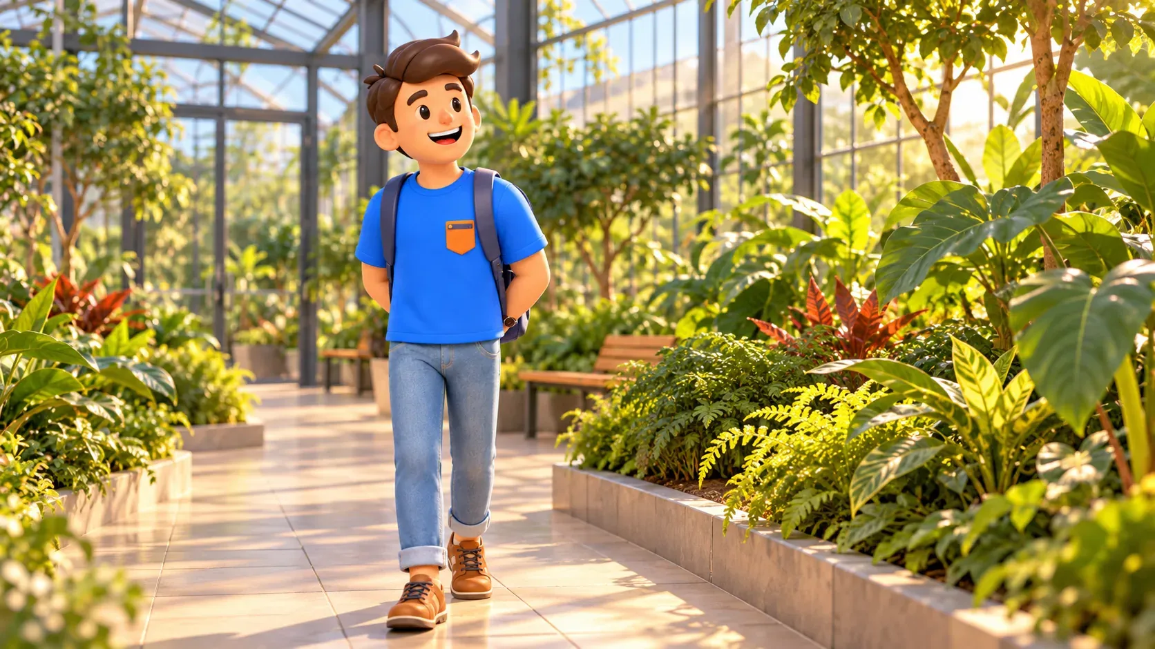Traveler looking at plants beneath a greenhouse’s transparent roof