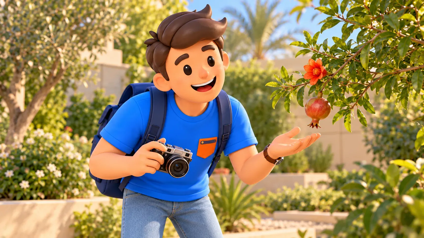 Traveler observing a pomegranate branch without touching it