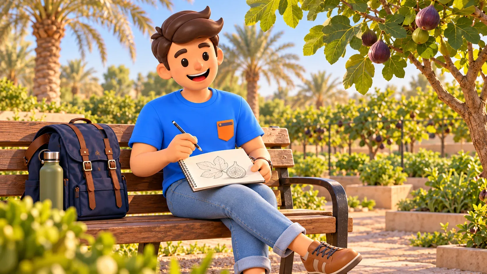 Traveler resting on a bench with a fig drawing in a notebook