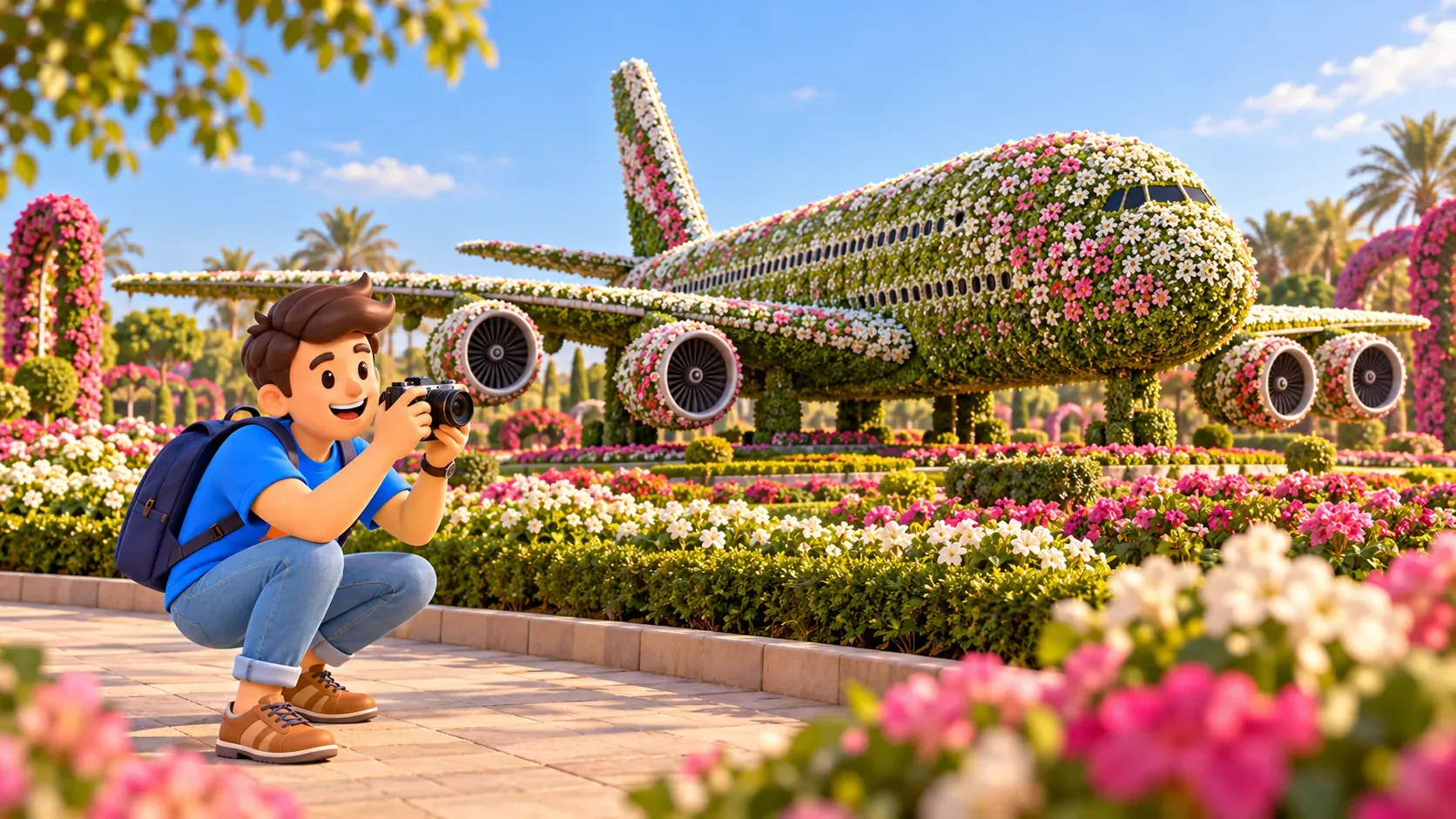 Traveler photographing a flower-covered A380-shaped garden sculpture