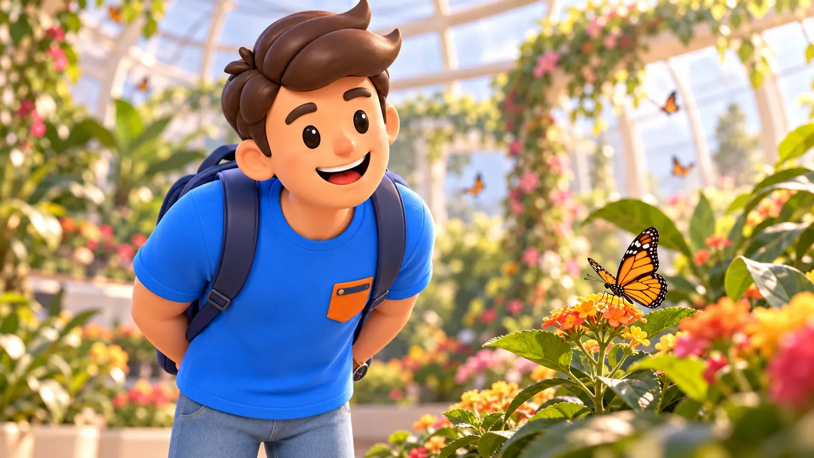 Traveler observing a butterfly resting on a plant in a butterfly garden