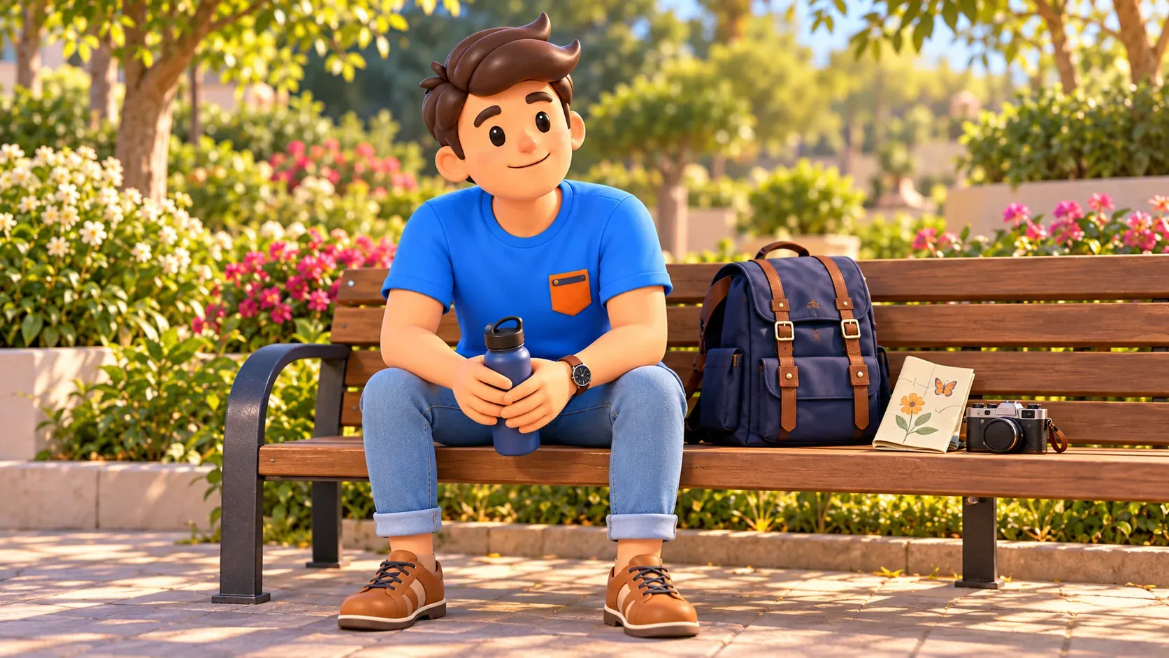 Traveler resting on a bench between two garden visits