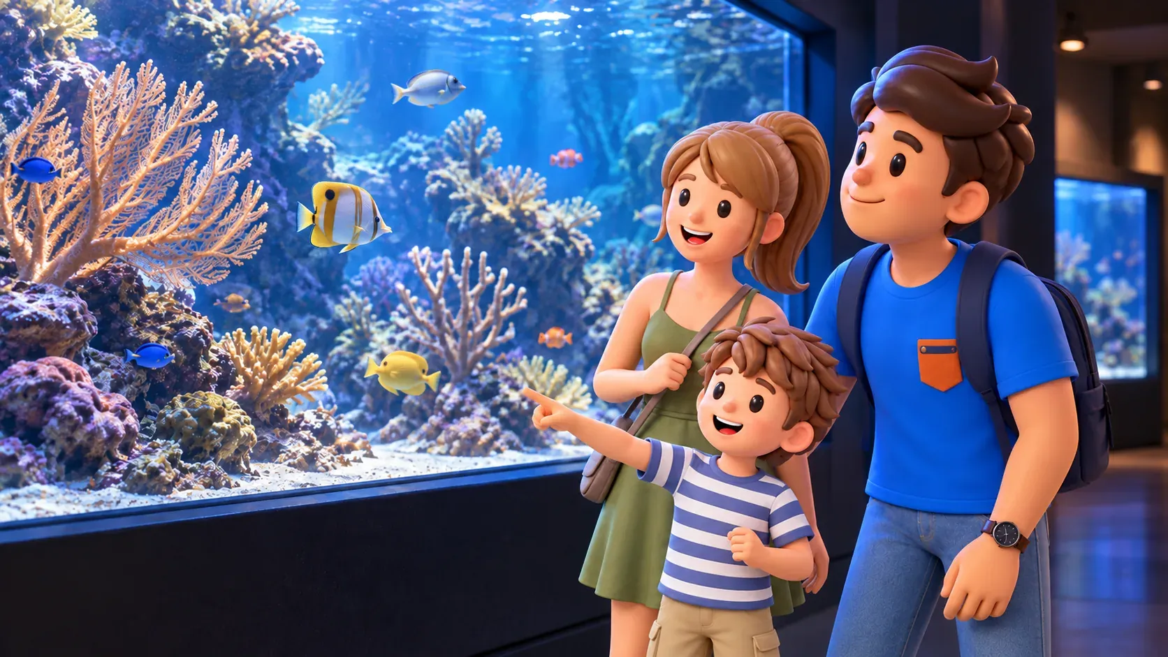 La familia de RoadMe con un niño observa los peces del Acuario Tropical