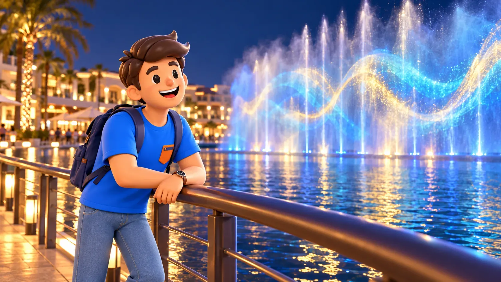 Traveler watching an abstract light projection on a water curtain