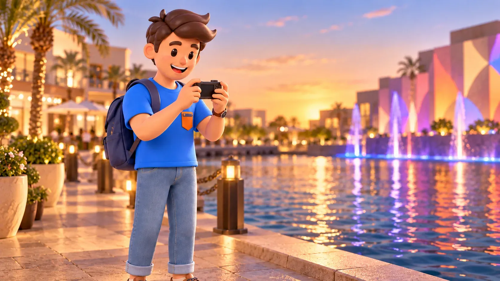 Traveler photographing light reflections beside the water