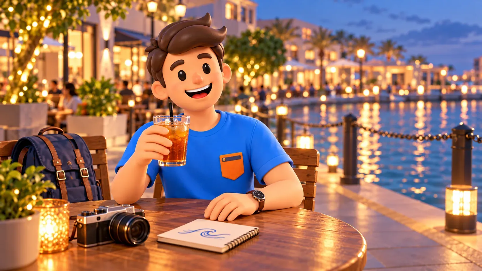 Traveler pausing with a cool drink after an evening walk