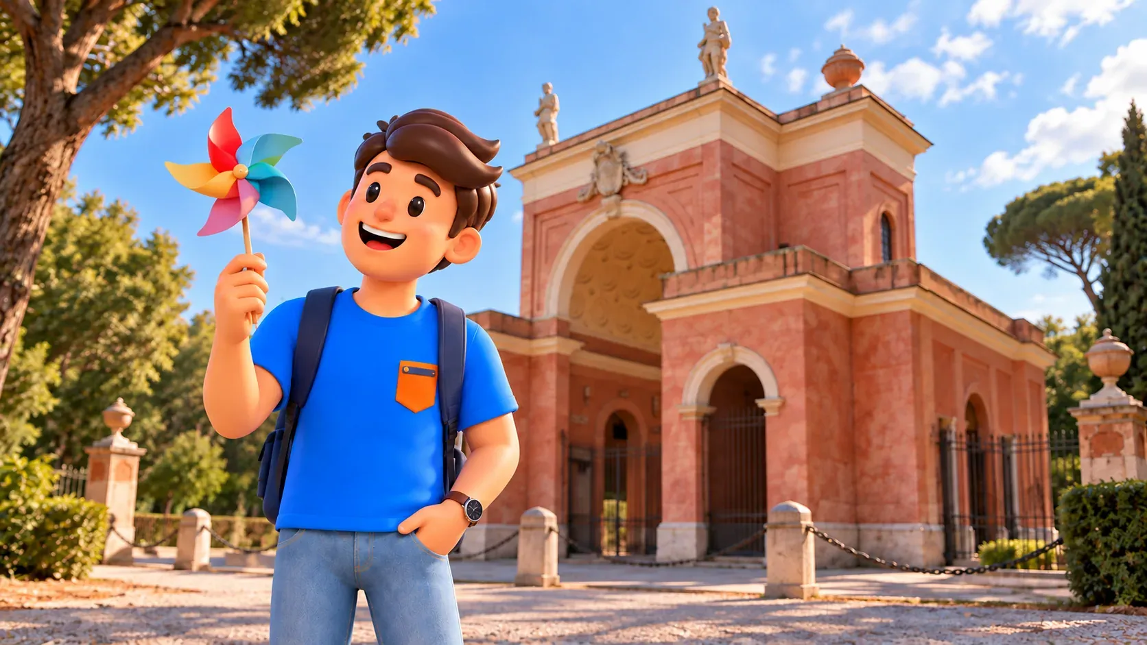 A traveller holds a paper pinwheel before the Arch of the Four Winds