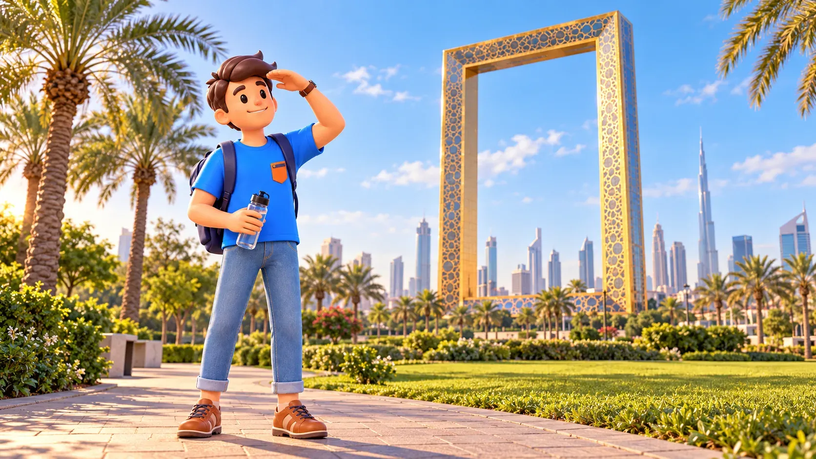 Traveler looking at the golden Dubai Frame from the park