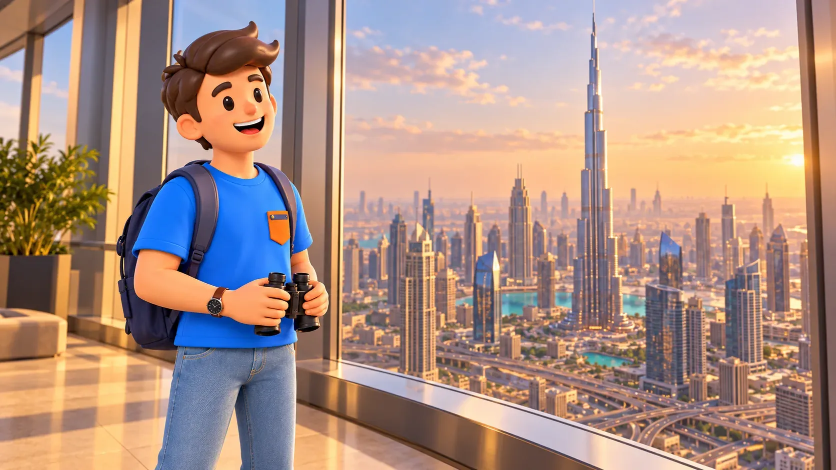 Traveler observing the Burj Khalifa skyline from a viewing room