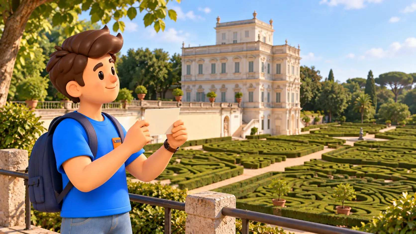 A traveller views the Casino del Bel Respiro and garden from an exterior path