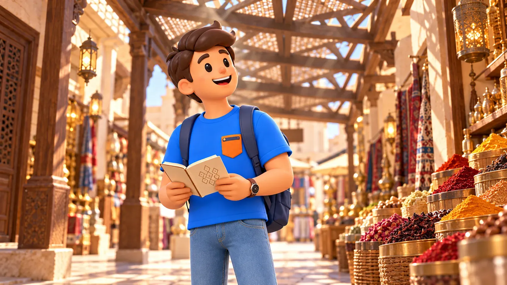 Voyageur observant les motifs d’un auvent de marché ancien