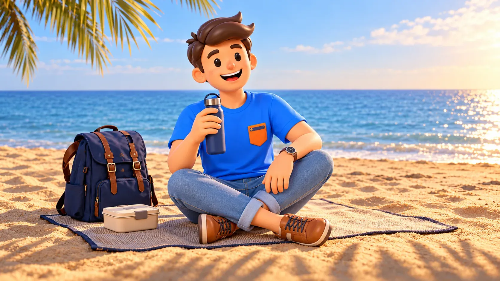 Voyageur se reposant devant la mer avec une bouteille d’eau