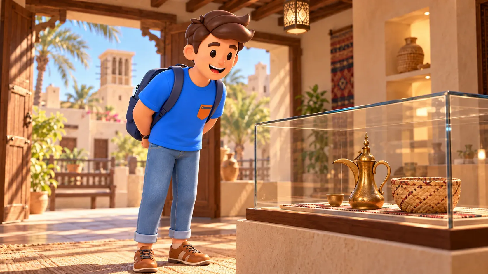 Traveler examining a traditional coffee pot in a conceptual history display