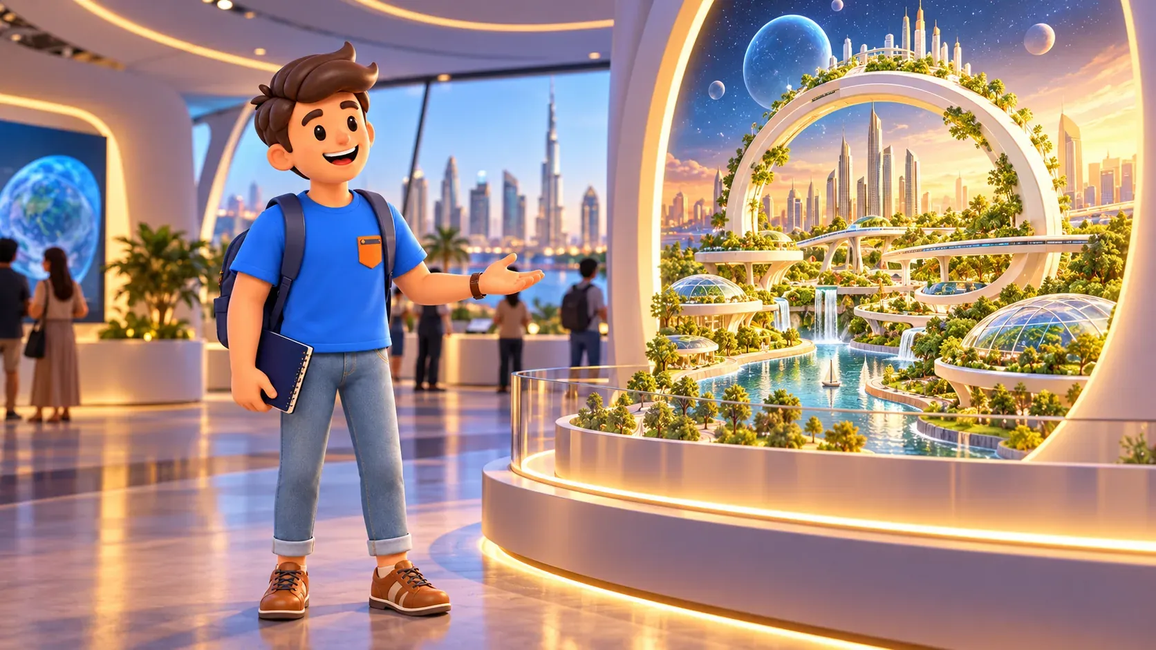 Traveler considering an original illustration of a possible future