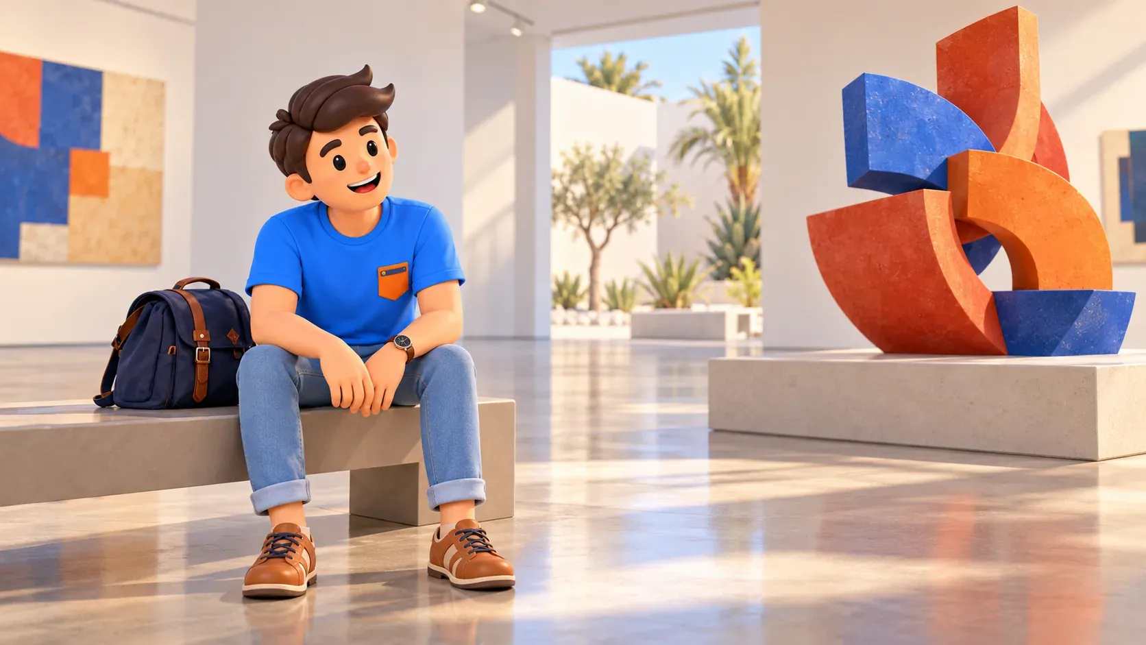 Traveler looking at an original abstract sculpture in a bright gallery