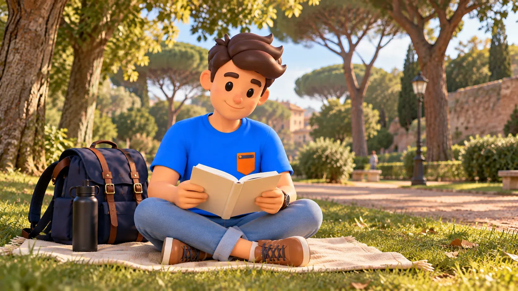 A traveller reads on a blanket during a rest among trees