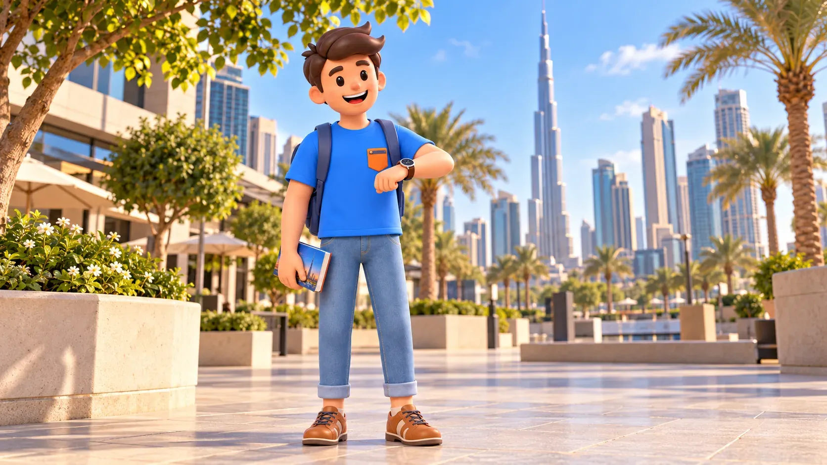 Traveler calmly checking his watch before a Downtown visit