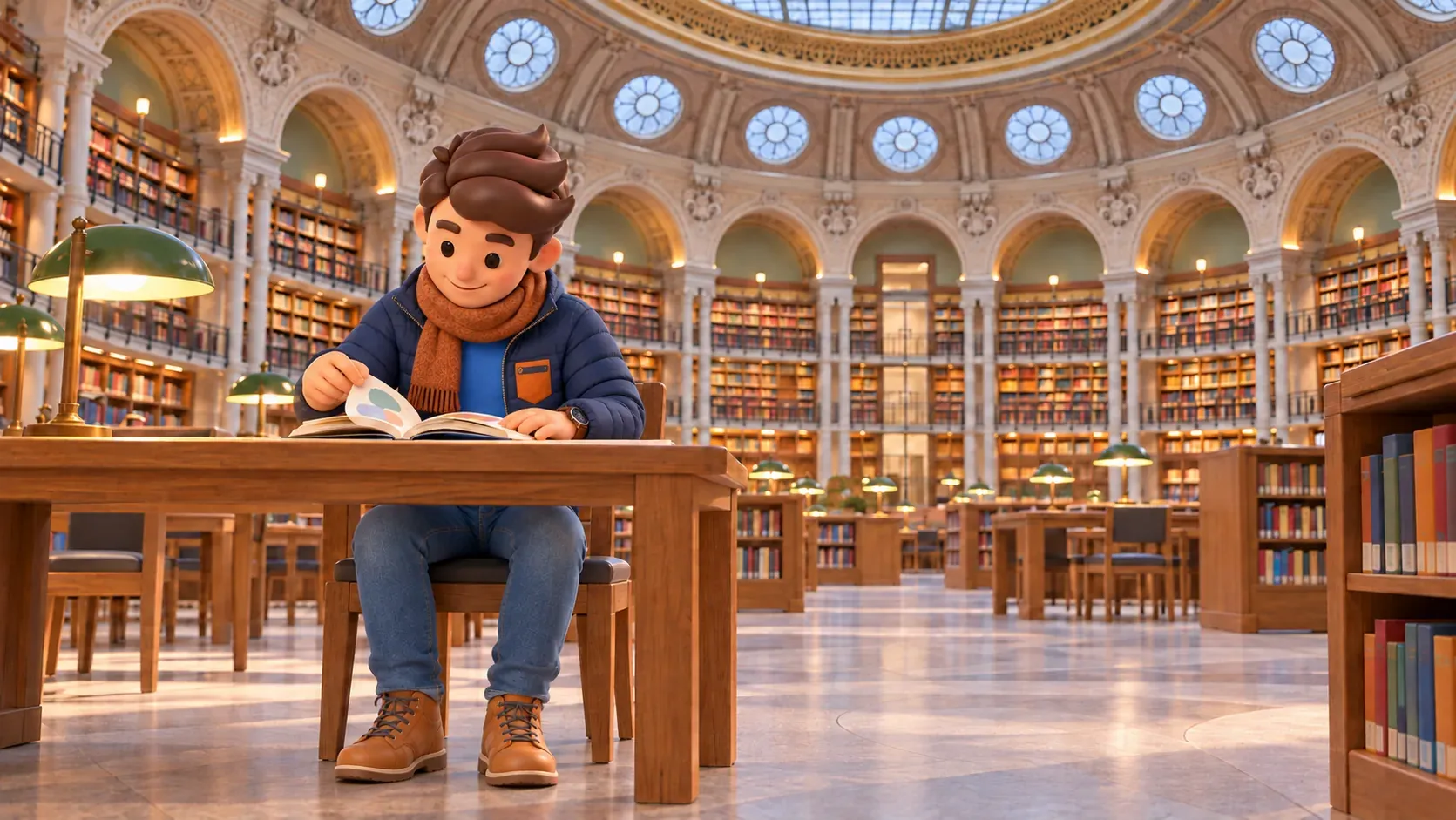 A traveler in an unzipped winter jacket reads in the warmly lit BnF Oval Room