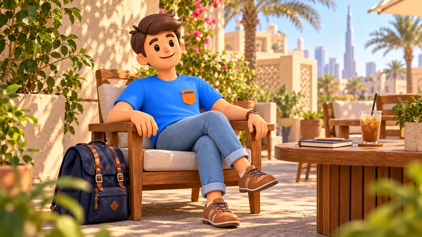 Traveler resting with a drink and a closed notebook