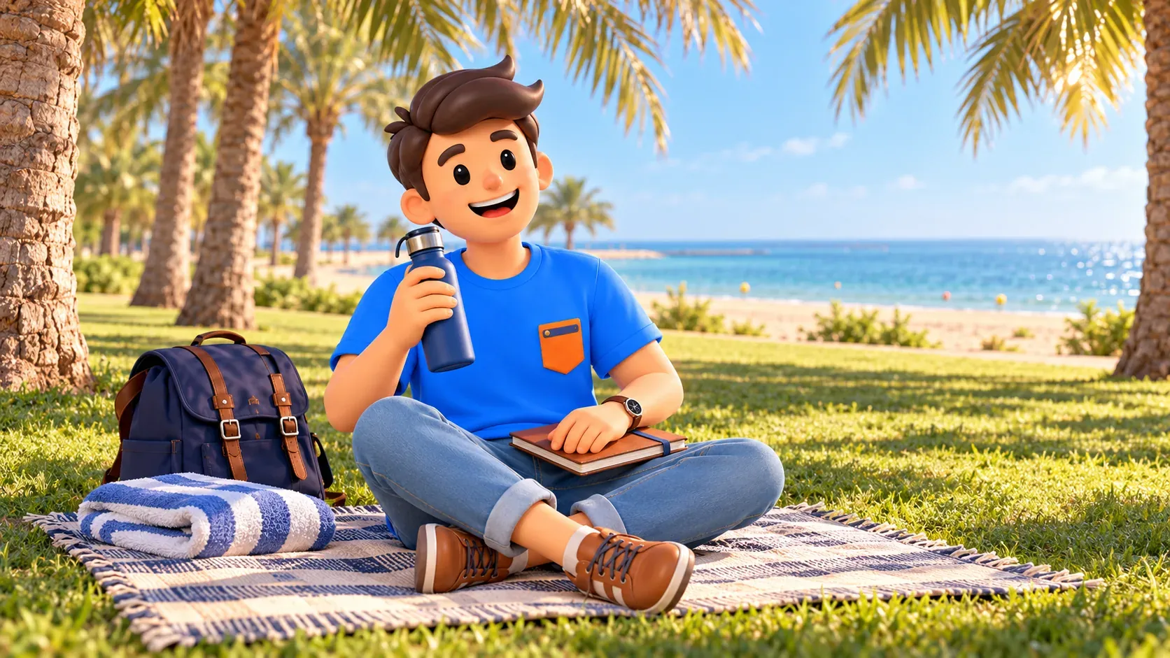 Traveler resting in palm shade near the sea