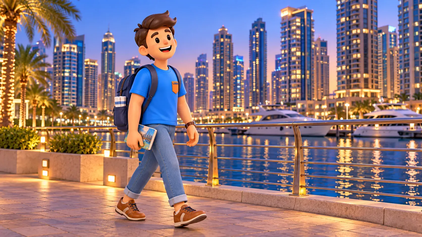 Traveler looking at waterfront towers after the beach part of a day