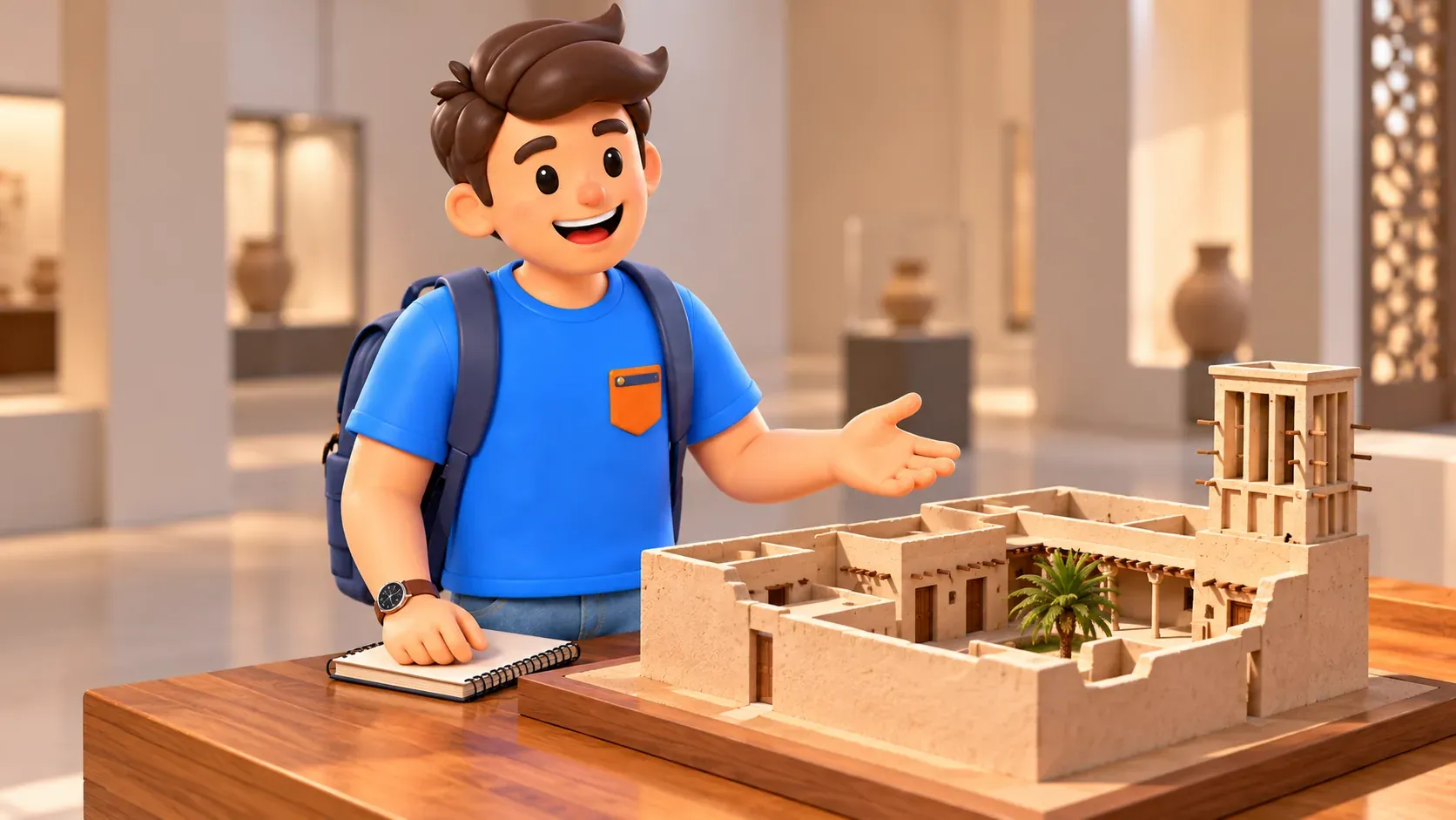 Viajero estudiando una maqueta conceptual de casa con patio y torre de viento