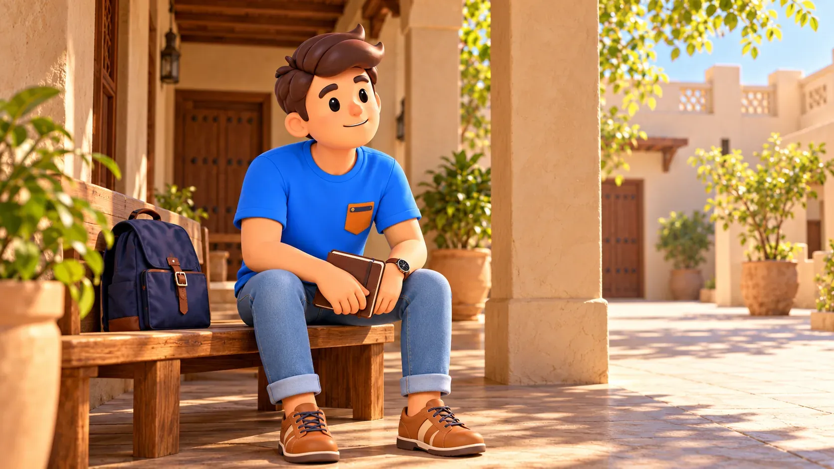 Viajero descansando junto a una galería sombreada de un patio