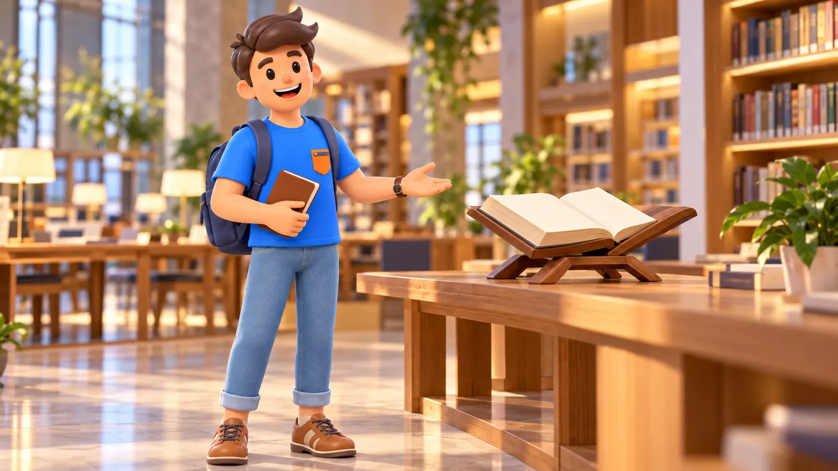 Voyageur observant un support de livre en bois dans un espace de lecture