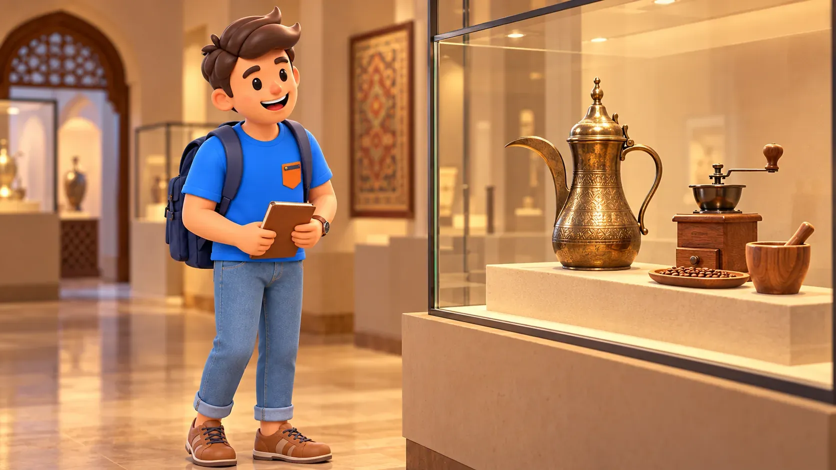 Voyageur observant une cafetière et des outils derrière une vitrine
