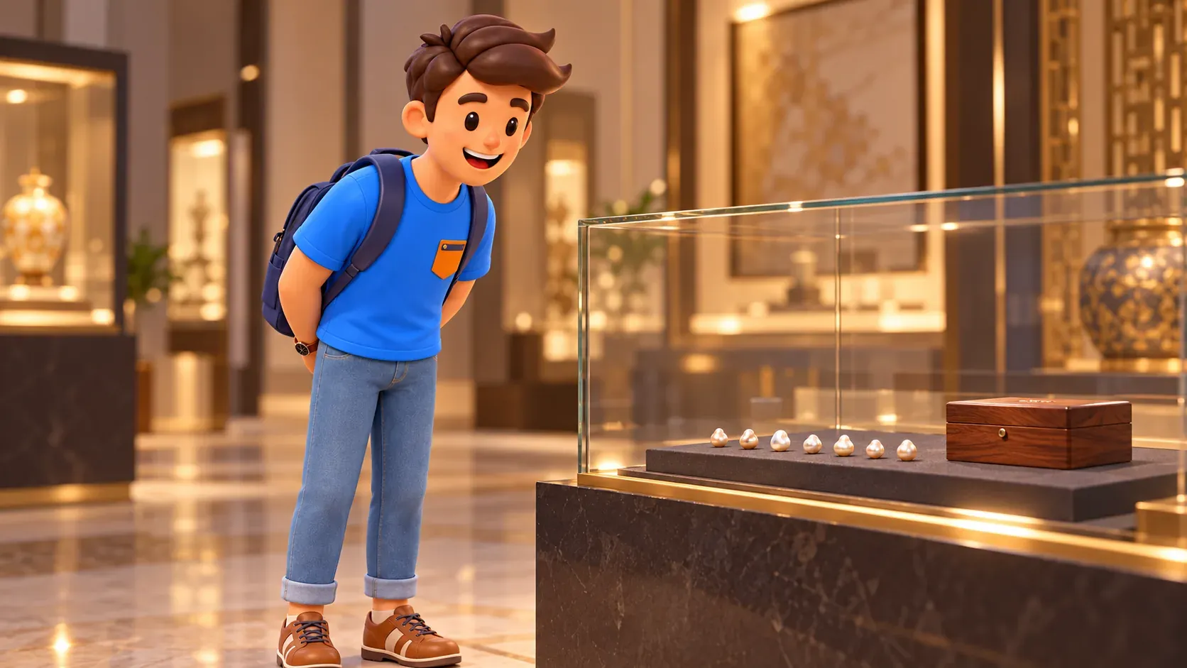 Voyageur observant des perles de formes différentes dans une vitrine