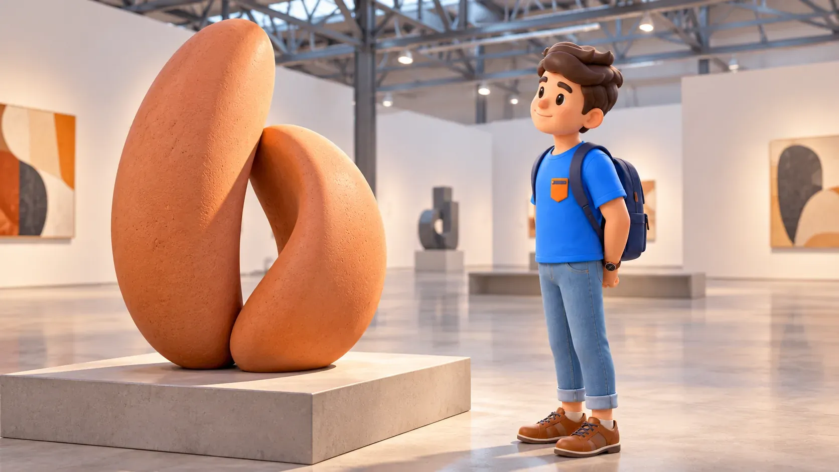 Traveler observing an original abstract sculpture in a large exhibition room