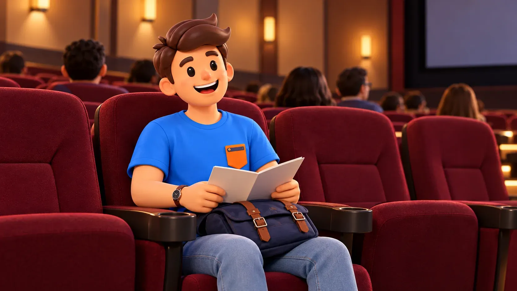 Traveler waiting for a screening in a small cinema