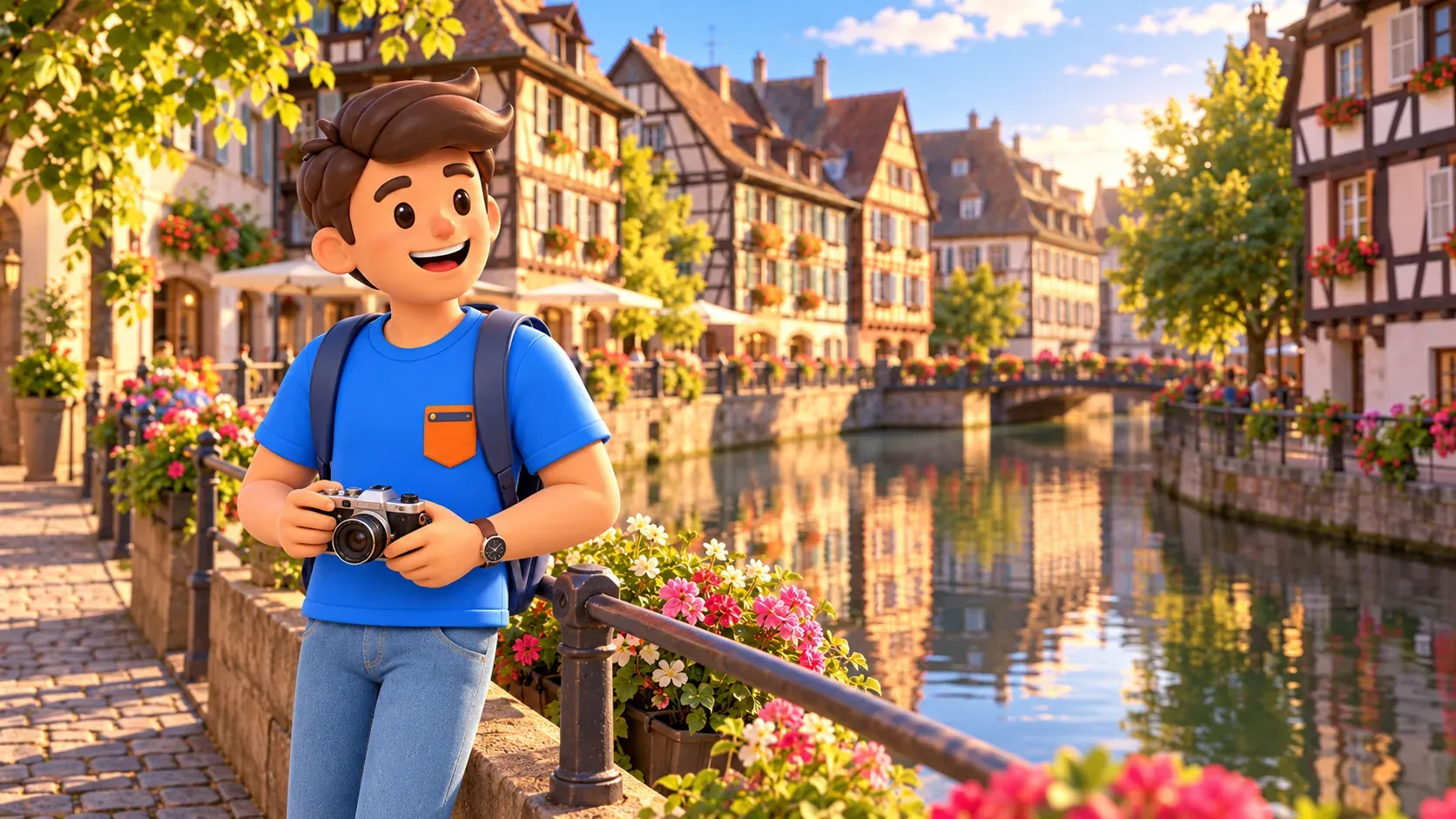 Traveller with a camera beside the canal and timber-framed houses in Petite France