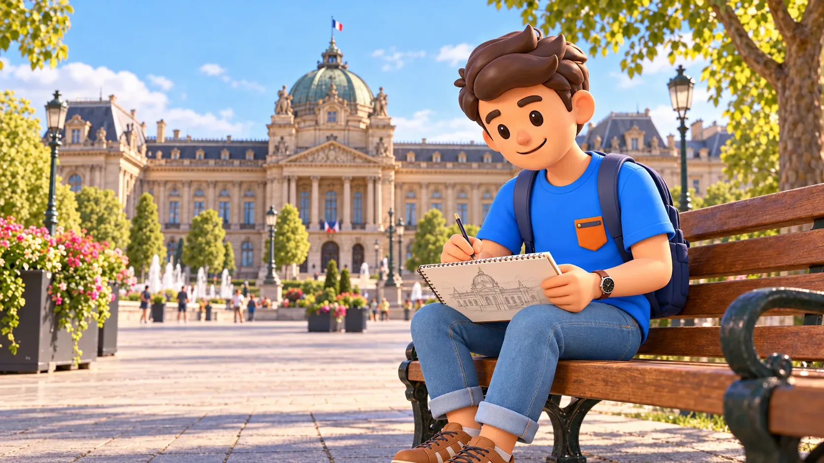 Traveller sketching architecture in a notebook at Place de la République