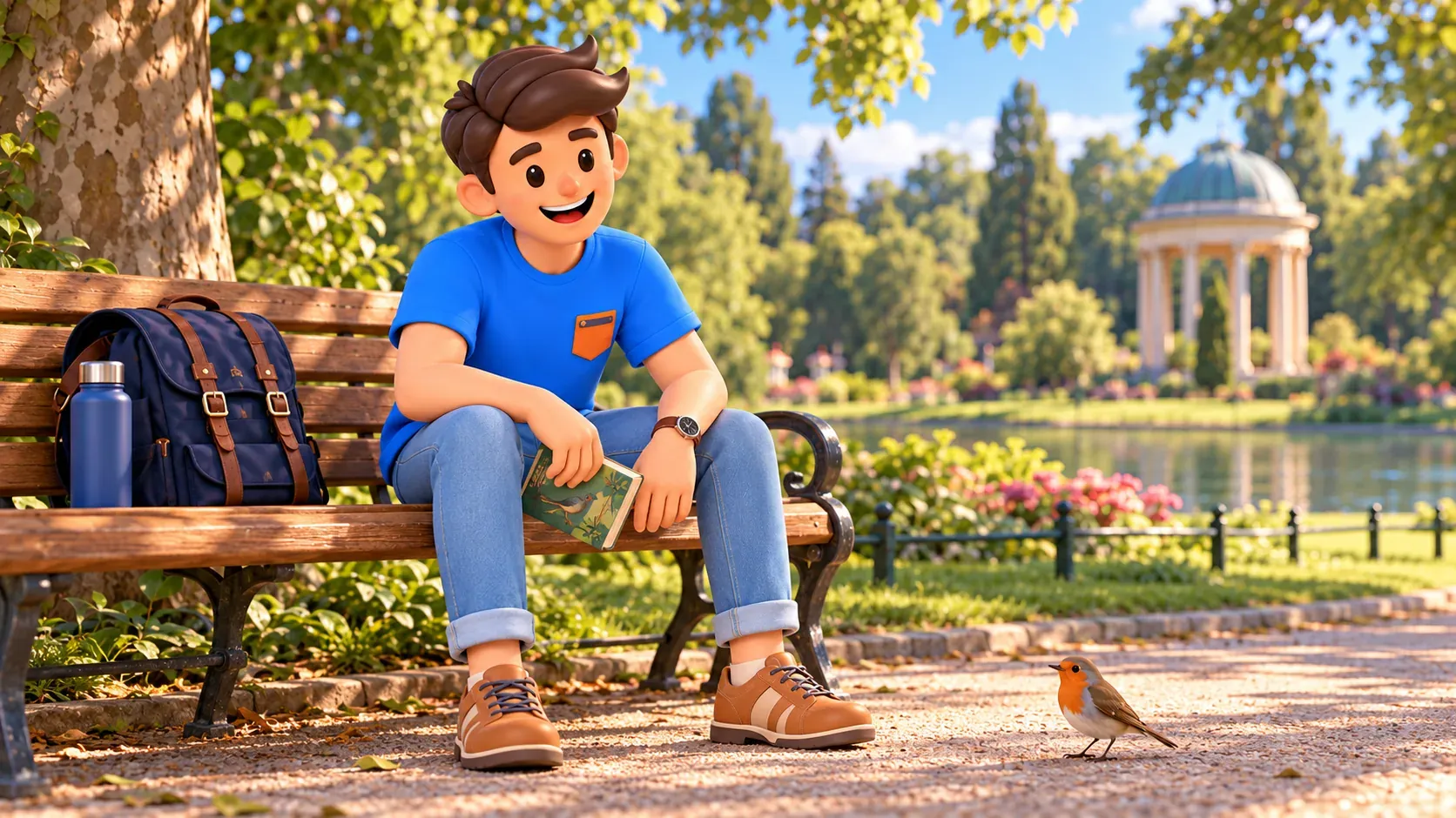 Traveller resting on a park bench with a nature book and watching a small bird