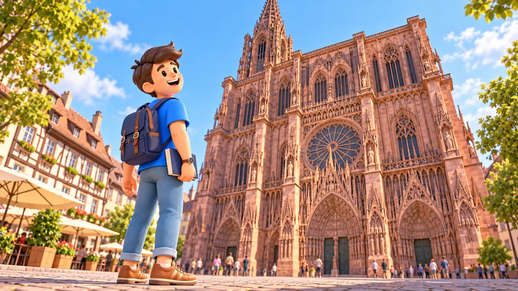 Viajero con una guía observando una ilustración de la fachada de la catedral de Estrasburgo
