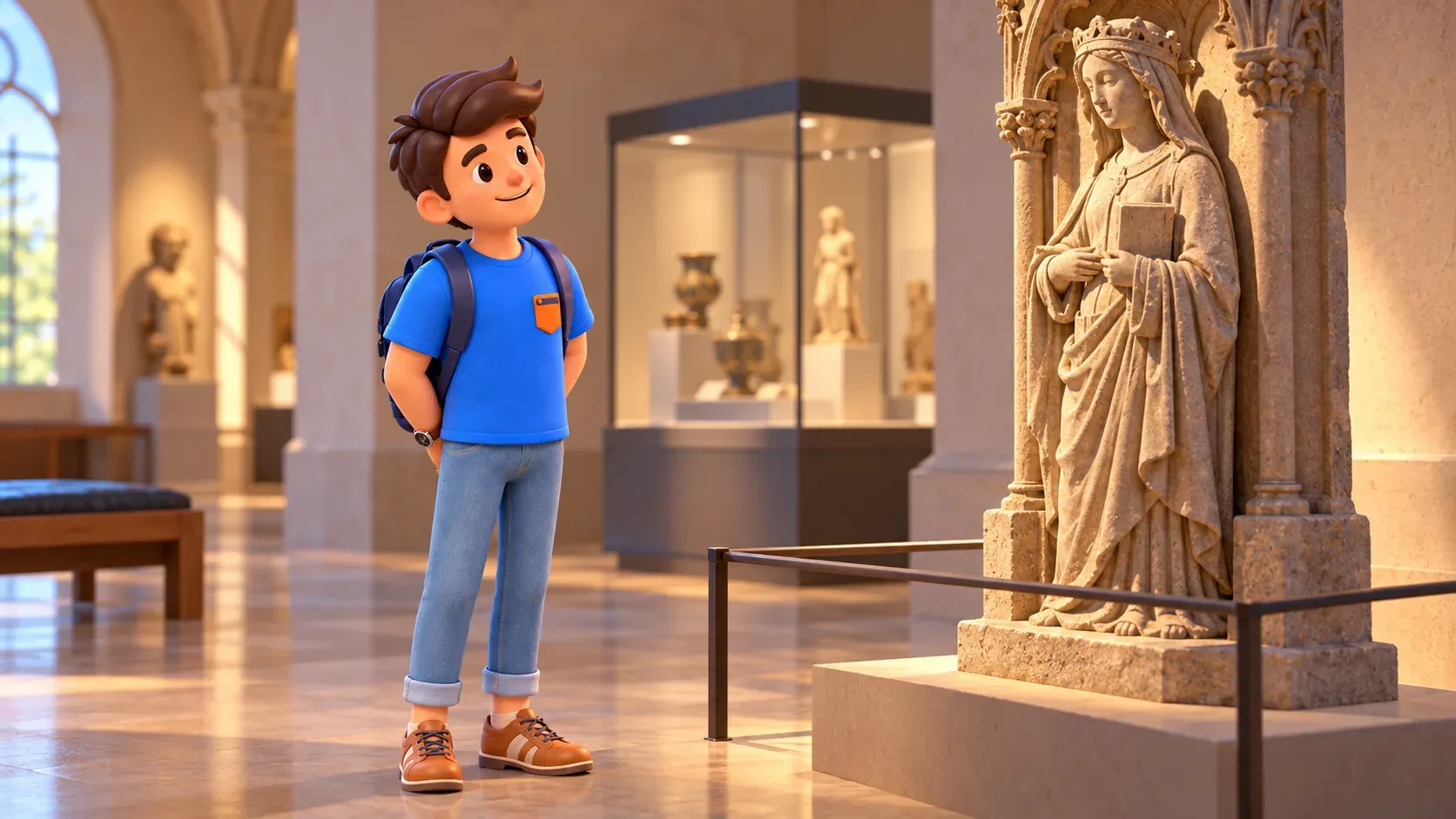 Traveller looking at a stone sculpture in an illustrated museum gallery