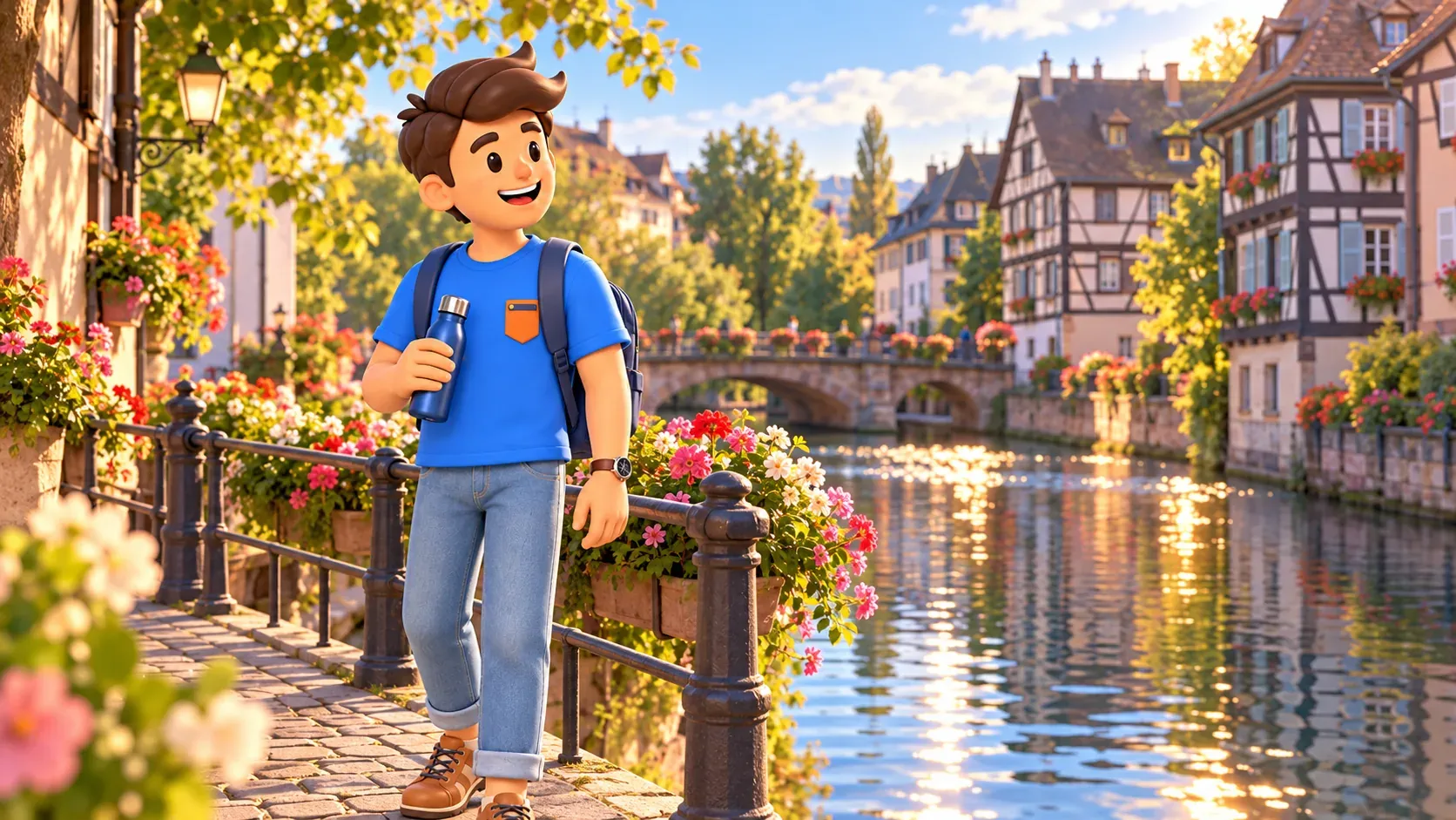 Traveller taking a water break during a walk beside a canal