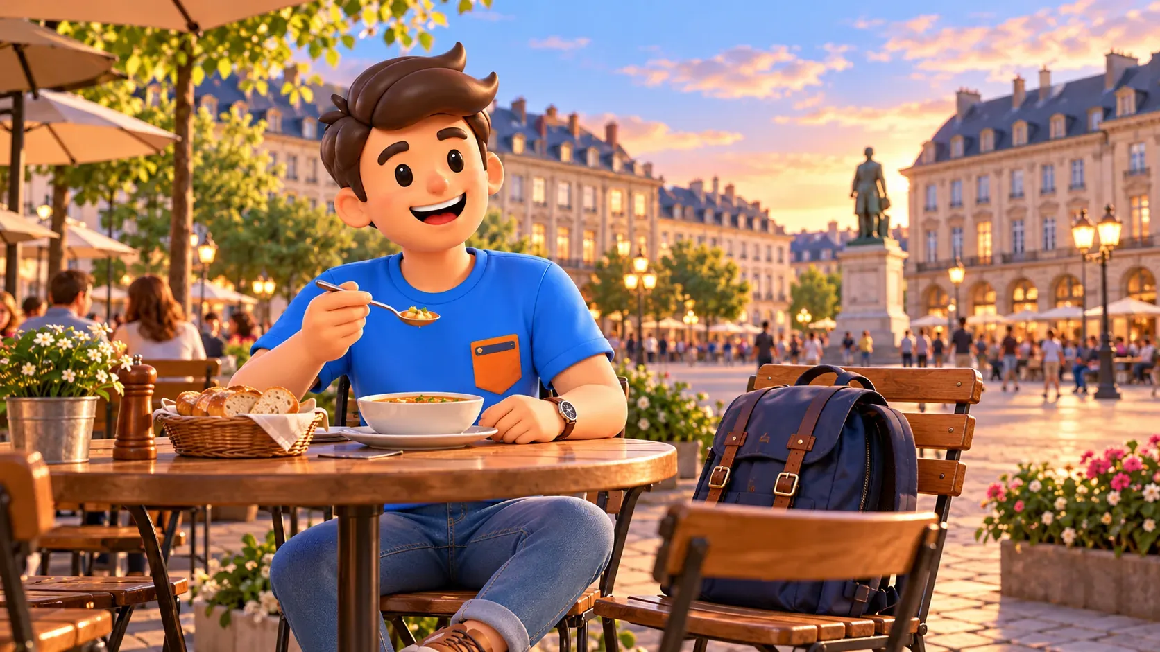 Traveller having dinner outdoors beside a city square at sunset