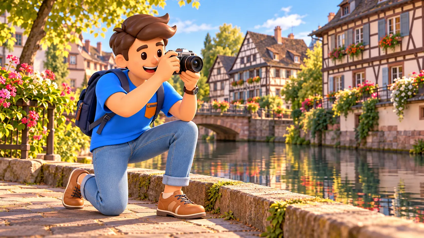 El viajero de RoadMe fotografía casas de entramado junto a un canal en una ilustración de Petite France