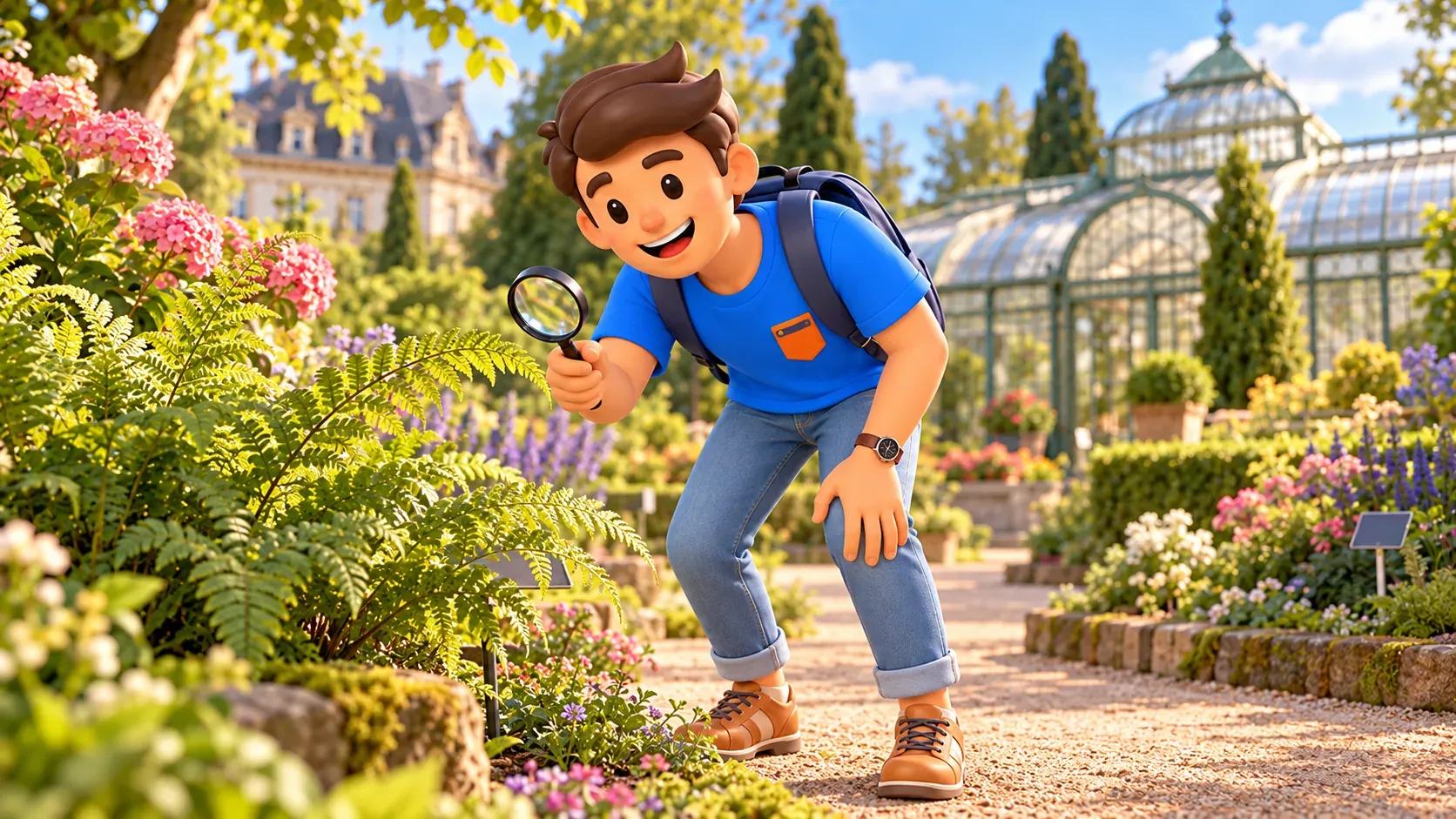 El viajero de RoadMe observa un helecho con lupa en un jardín universitario estilizado