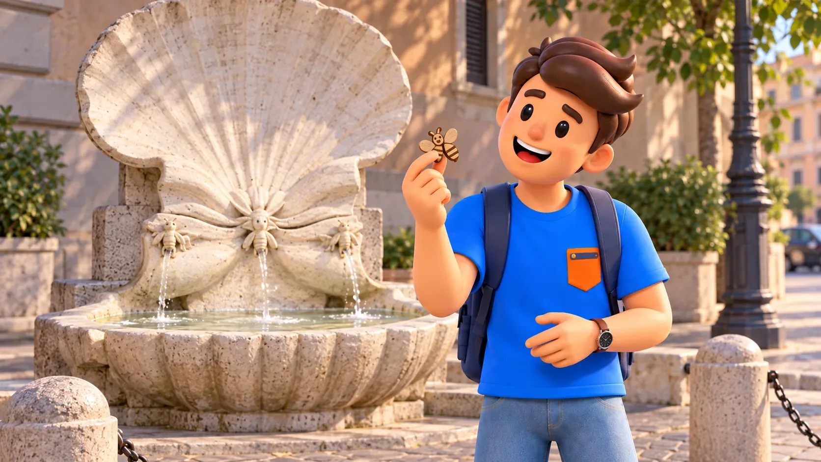 Un voyageur compare une abeille en bois au décor de la fontaine des Abeilles