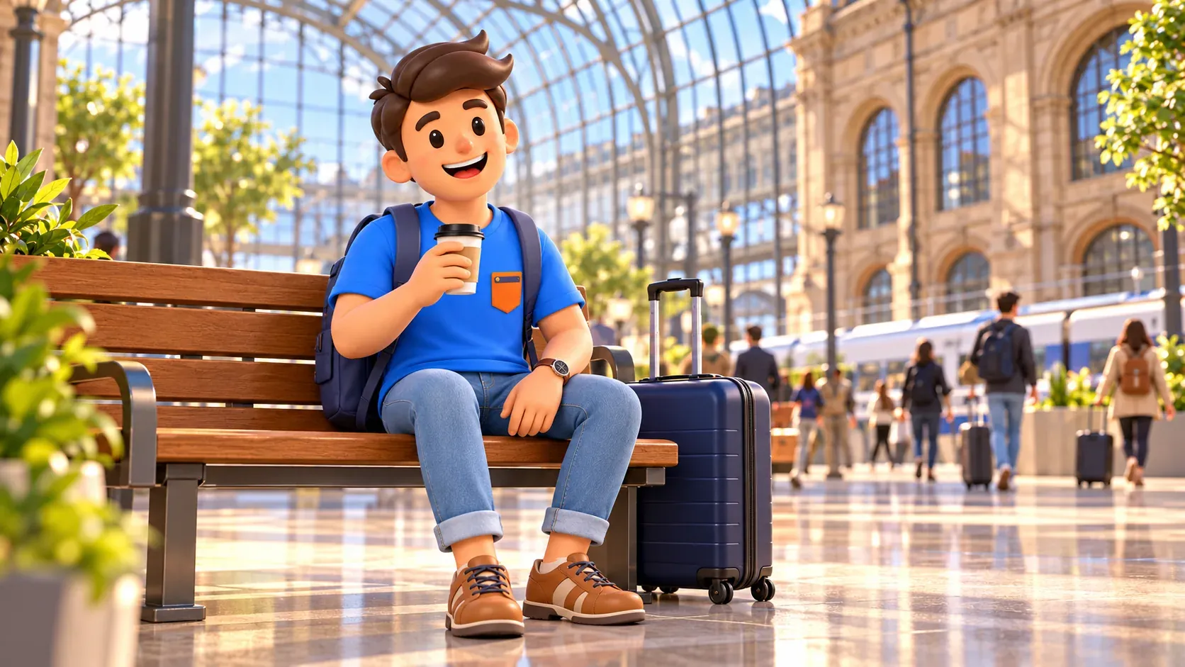 El viajero de RoadMe con café y maleta descansa en un banco de una estación ilustrada