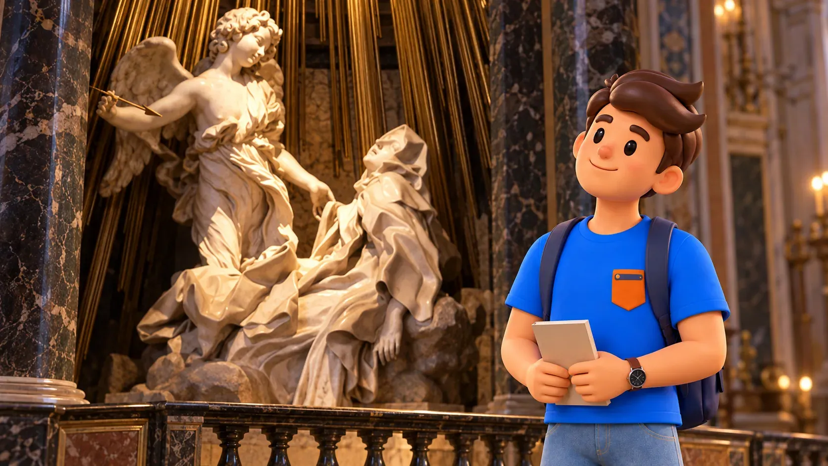 Un voyageur avec un guide fermé observe sainte Thérèse dans la chapelle Cornaro