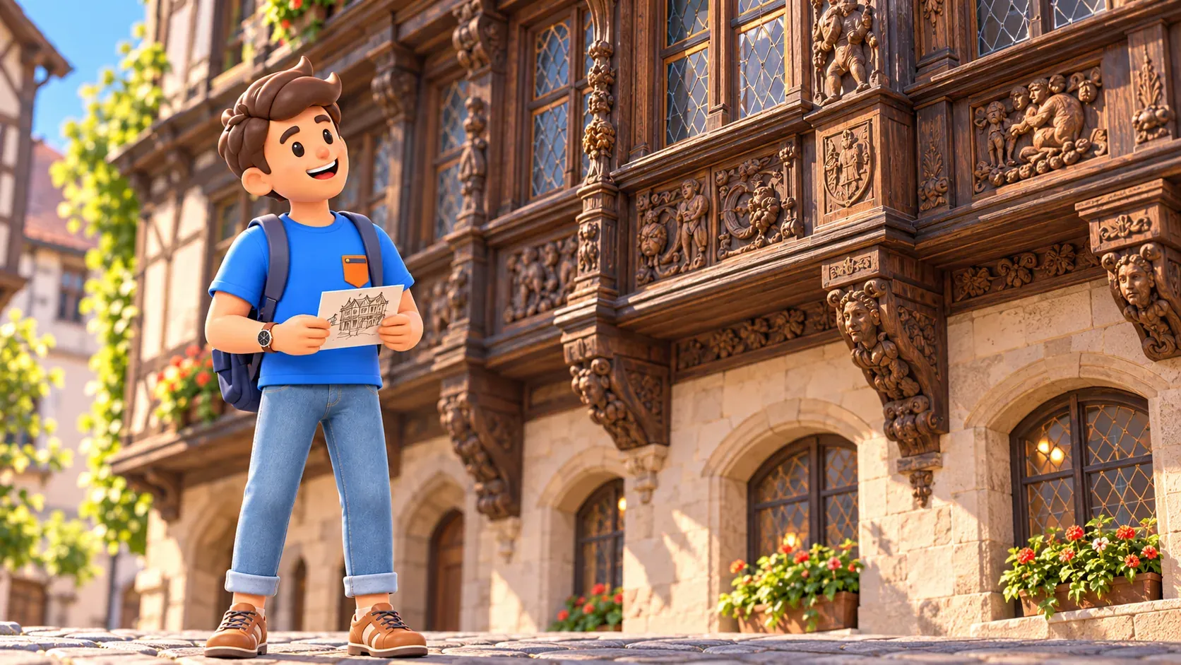 RoadMe traveller holding a postcard and observing a carved timber merchant-house front
