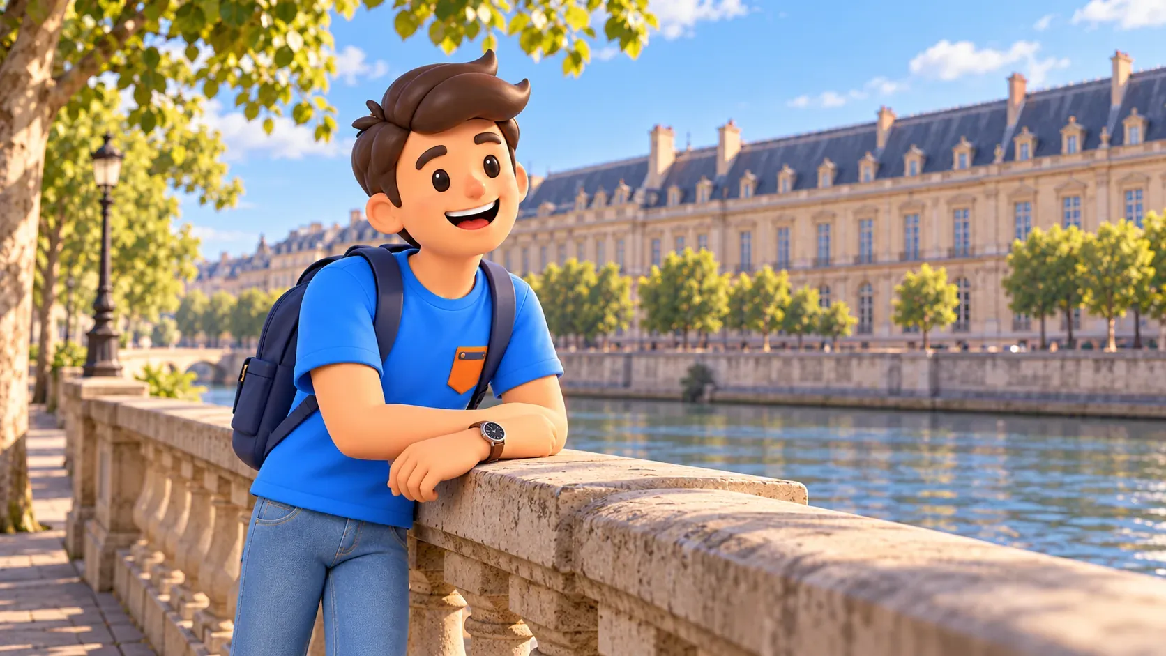 RoadMe traveller at a stone balustrade with a stylised palace front across the river