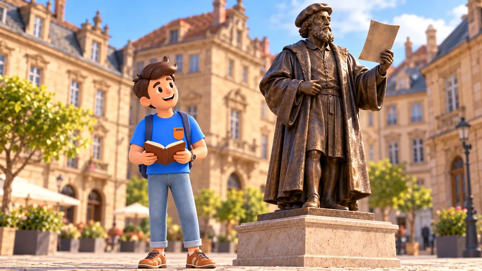RoadMe traveller with a book beside an illustrative bronze printer figure holding a sheet